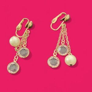 Vintage Gold Tone Faux Pearl Amethyst Crystal Dangle Drop Earrings Clip-on Bling